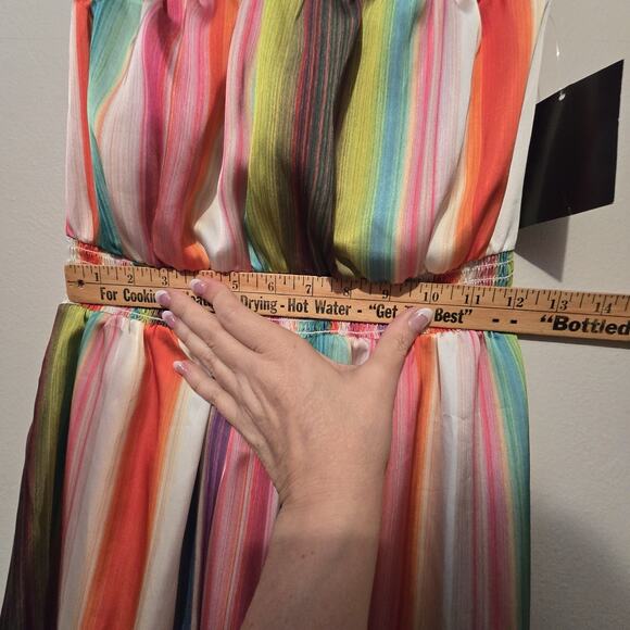 Boston Proper NWT Rainbow Stripe Maxi Dress Womens SM Tie Neck Colorful Boho - Picture 11 of 16